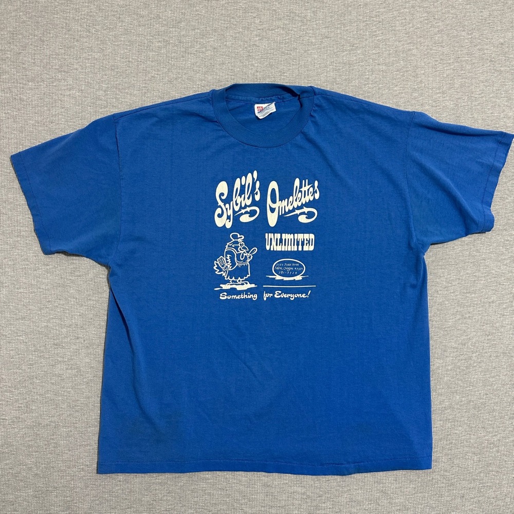 Vintage 90s Hanes Sybils Omelettes Unlimited Salem Oregon T-Shirt Blue Mens XL